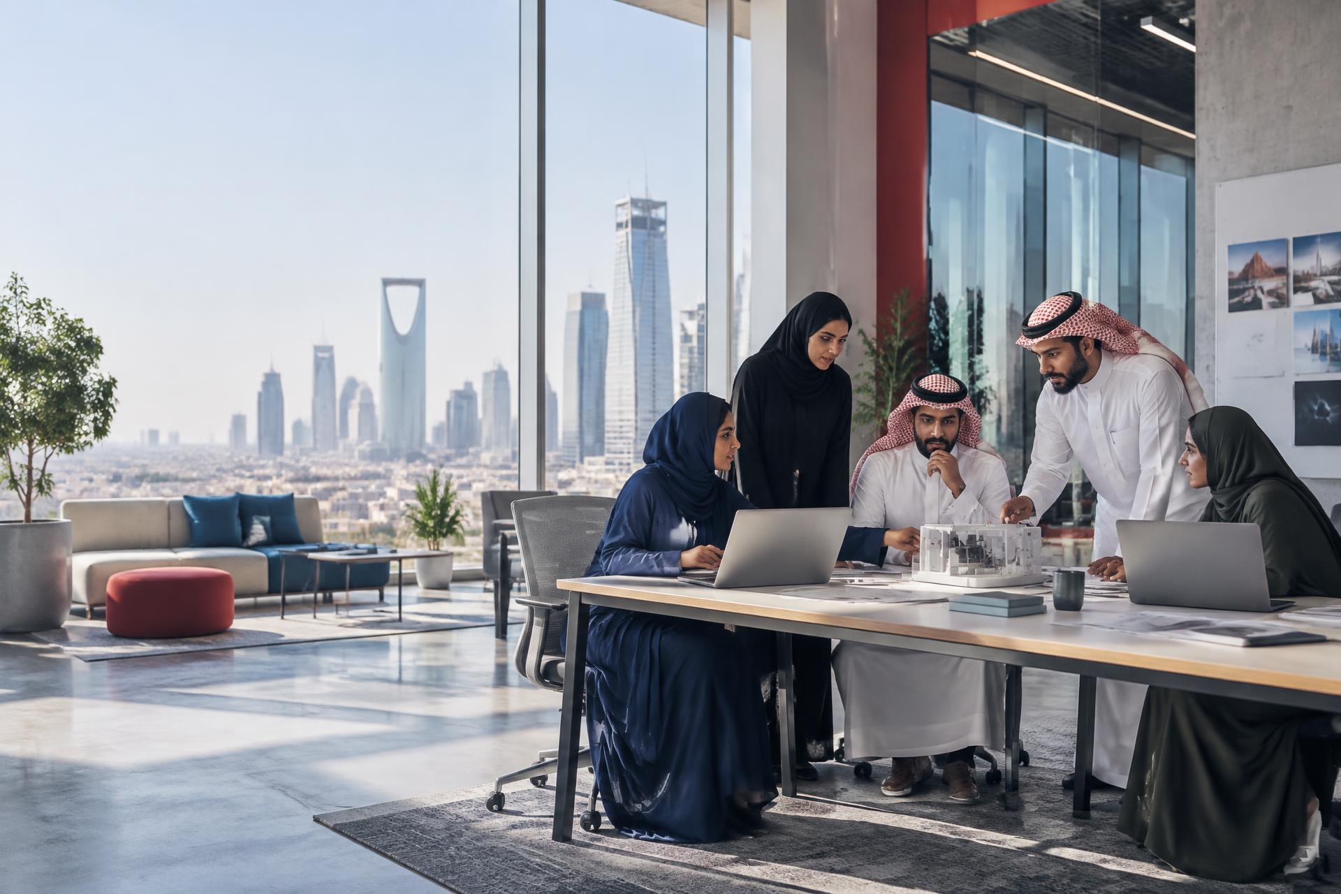 فريق من رواد الأعمال السعوديين يتعاون في مساحة ابتكار